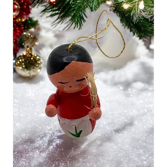 Vintage Wooden Doll Mini Christmas Ornament with Apron Hand Painted - Picture 1 of 6